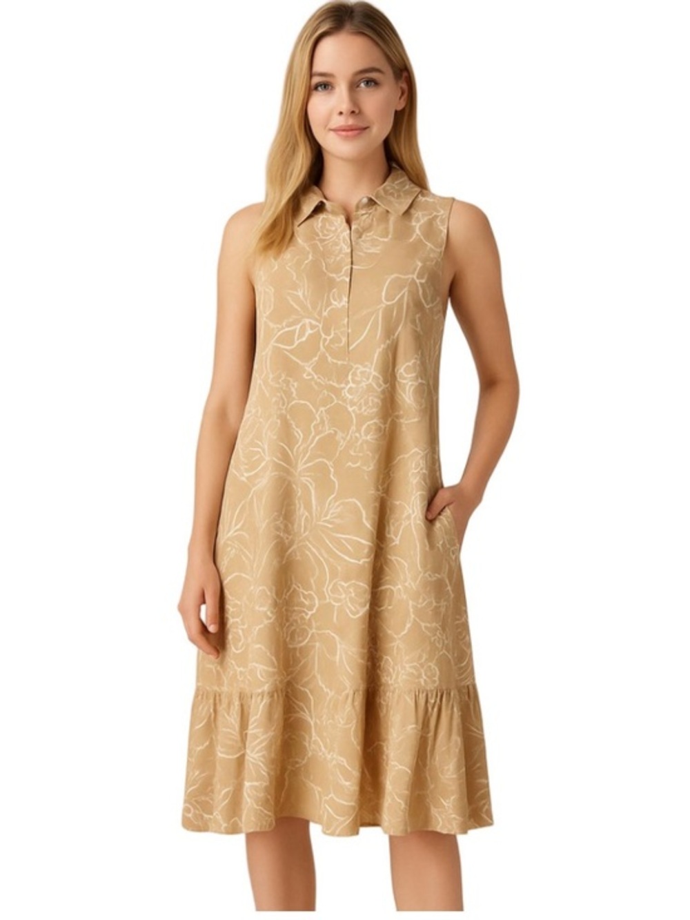 Maternity Pietro Brunelli Tan Floral Sleeveless Dress in size medium